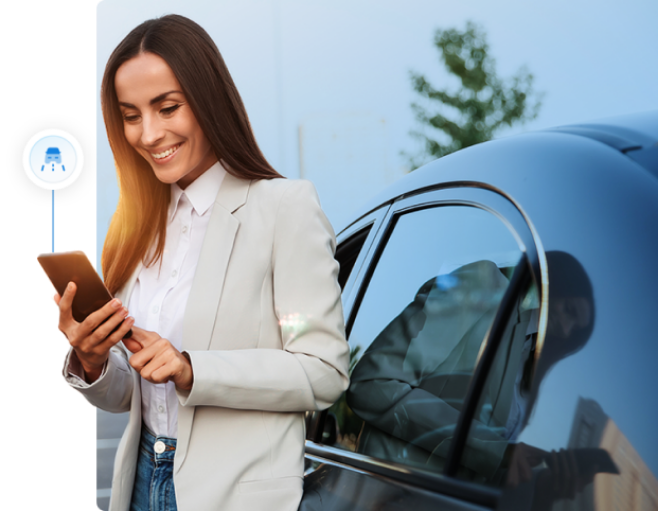 Mulher usando celular perto de um carro